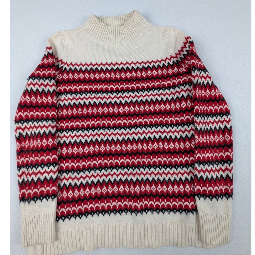 Talbots Women XS Red White Black Fair Isle Wool Blend Mock Neck Sweater Pullover